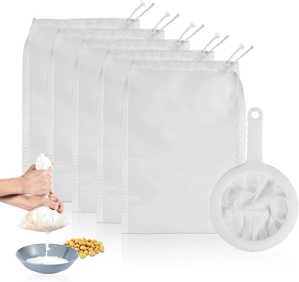 6 Pack - 200 Mesh Fine Mesh Strainer & Nut Milk Bags, Reusable Food Strainer, Food Grade BPA-Free, Ultra Strong Fine