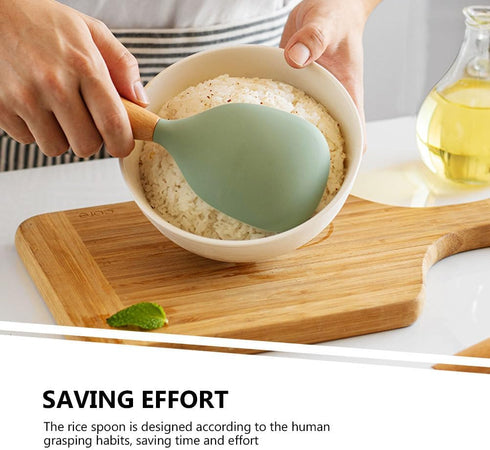 MAGICLULU Silicone Rice Spoon Kitchen Utensils Cooking Ladle Wooden Rice Paddle Rice Spatula Korean Rice Paddle Rice Serving Spoon Scoop Reusable Rice Spoon Wood Tablespoon Handle