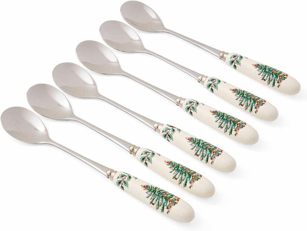 Spode Christmas Tree Teaspoons Set of 6, 6-Inch Stainless Steel Holiday Silverware with Porcelain Handles