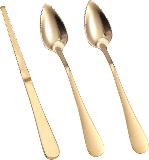 BOXOB 3pcs Serrated Grapefruit Spoons and Knife Set, Stainless Steel Grapefruit Curved Serving
