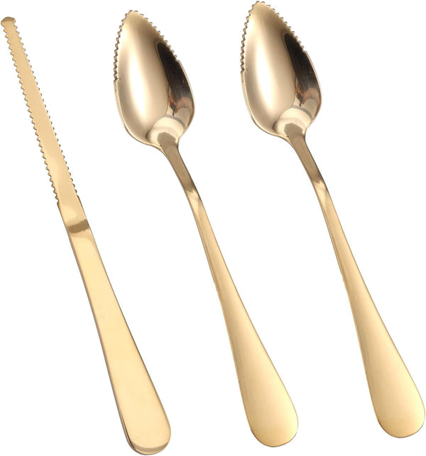 BOXOB 3pcs Serrated Grapefruit Spoons and Knife Set, Stainless Steel Grapefruit Curved Serving
