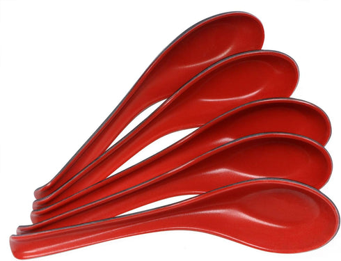 Set of 5 Large Ramen Noodle Soup Spoons with Long Handle, Red Black Vintage for Restaurants and Home