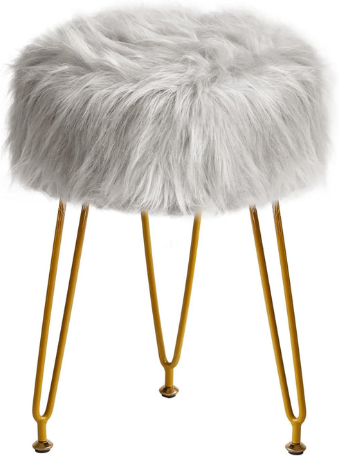 IBUYKE Faux Fur Vanity Stool Chair, Furry Makeup Stool Ottoman, Soft Padded