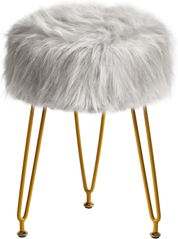IBUYKE Faux Fur Vanity Stool Chair, Furry Makeup Stool Ottoman, Soft Padded