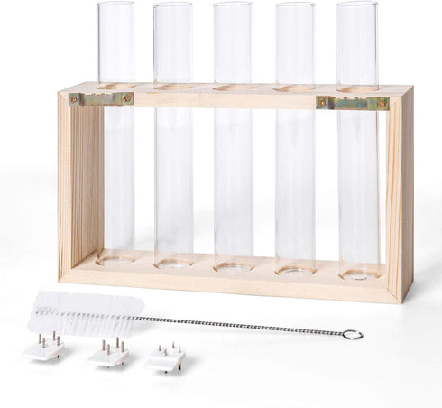 5 Mkono Wall Hanging Plant Propagation Station Tubes with Wooden Stand Desktop Plant Terrarium for Hydroponic Plants