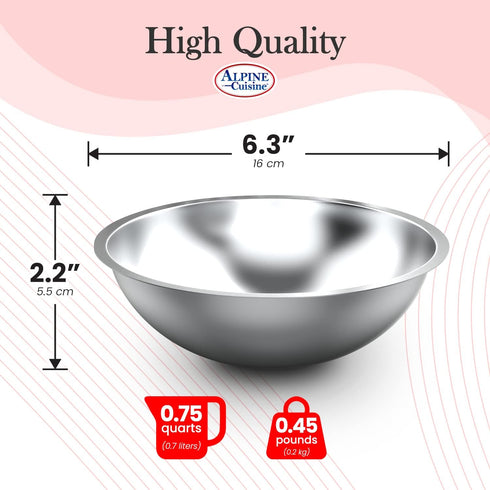 Alpine Cuisine 0.75-Quart Stainless Steel Kitchen Mixing Bowls, Heavy Duty Salad Bowls, Dishwasher Safe Prep Bowls
