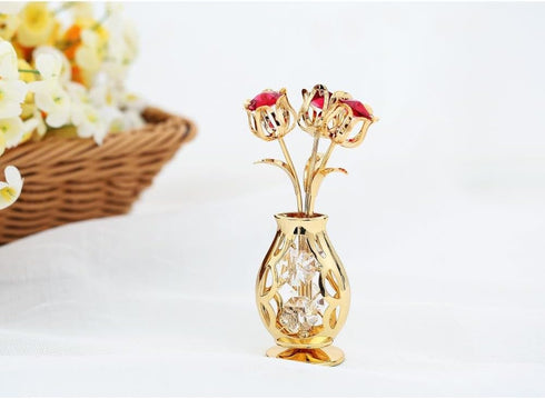 Matashi Gift for Mom - Flowers Bouquet Vase Ornament with Red and Clear Crystals, Home Decor Showpiece