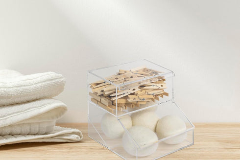 Laundry Pod Holder & Dryer Sheet Dispenser, 2 Compartment Acrylic Container with Lids for Laundry Room Organization