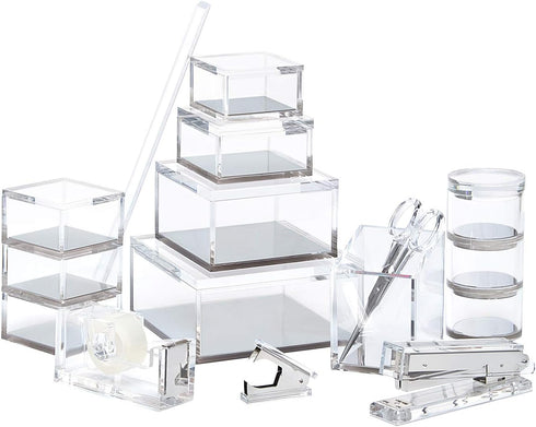 OfficeGoods Acrylic Desk Organizer with Silver Base, Functional & Elegant Storage Box for Home or Office