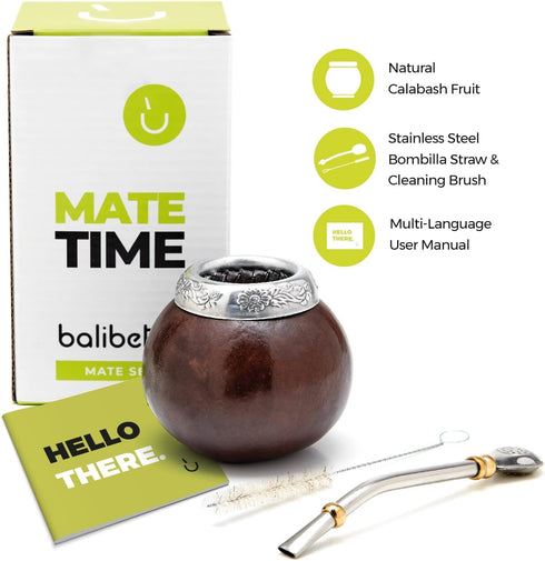 BALIBETOV Yerba Mate Gourd Set, Original Natural Handmade Yerba Mate Cup Argentina, Includes Cup, Bombilla, and Brush.