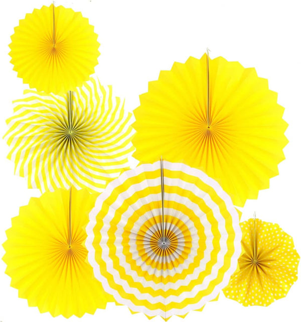 Sunshine Yellow Round Hanging Paper Fans - 6pc Decorations for Baby Shower, Birthday, Wedding Party