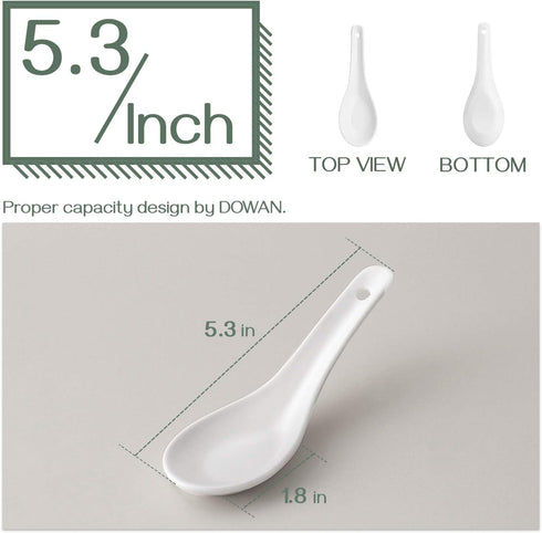 DOWAN Asian Soup Spoons - Set of 12, 5.3 Inch White Ceramic Dessert Spoons for Pho, Miso, Ramen