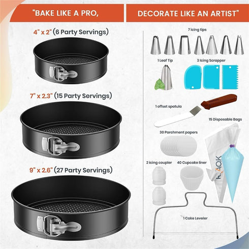 RFAQK 100pcs Cake Pan Sets for Baking, 3 Non-Stick Springform Pans Set, Icing Tips, Cake Leveler