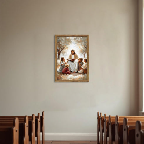 Hwetui 3D 12x16 inch Framed Jesus With Children Wall Art, Textured Christian Jesus Teaching Kids Wall Decor Paintings