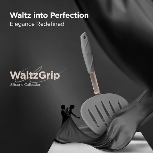 Kitchen Mama WALTZGRIP Platinum Silicone Pancake Spatula Turner: Heat-Resistant, Wide Slotted Tapered Head Stainless Steel Core. Durable, Dishwasher-Safe, Flipping Cooking Needs, Wok Use (Metal Gray) by Kitchen Mama