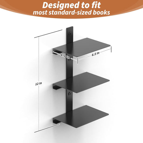 6 2 Pack Floating Invisible Bookshelves for Wall, Tier Heavy Duty Metal, Black Vertical Spine Book Tower, Wall Mounted
