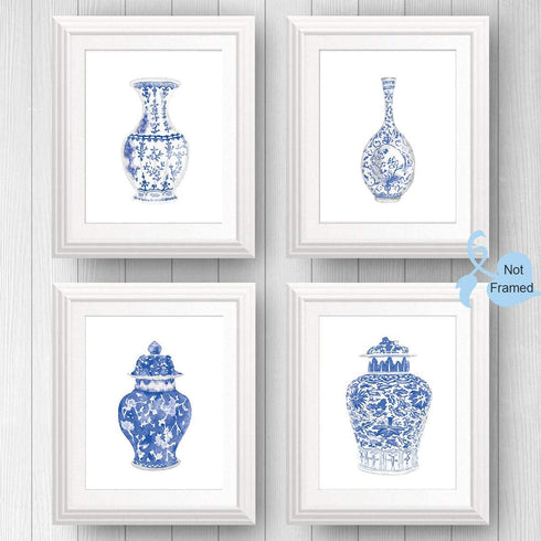 Chinoiserie Wall Art Print, Set of 6 Chinese Blue White Porcelain Vase Canvas Prints for Bedroom or Study Decor