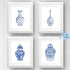Chinoiserie Wall Art Print, Set of 6 Chinese Blue White Porcelain Vase Canvas Prints for Bedroom or Study Decor