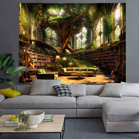 93x71inch Ine Ive Fantasy Trees Tapestry Vintage Library Wall Tapestries Fairytale Palace Bookshelf Sofa Reading Poster