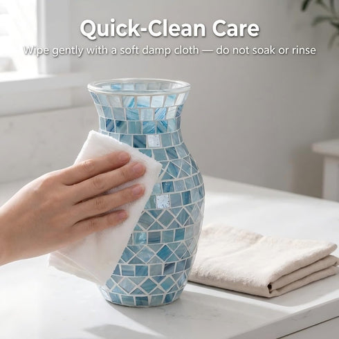 8 Inch Blue Vases for Home Decor, Light Blue Mosaic Vase, Decorative Glass Flower Vases for Centerpieces Living Room