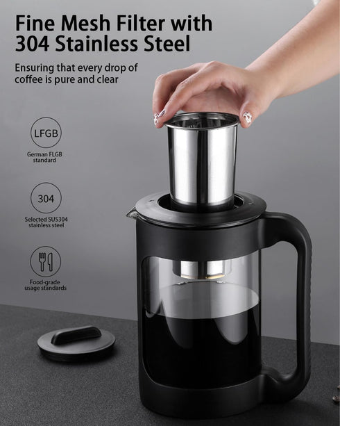 Cold Brew Coffee Maker and Iced Tea Brewer with Reusable Mesh Filter, Easy to Clean Pitcher for Coffee and Lemonade