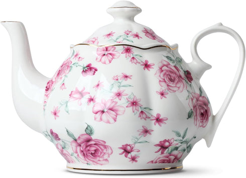 BTaT- Floral Tea Pot with Gift Box, 38 oz, White with Pink