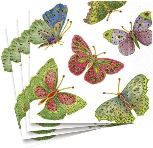 Caspari Jeweled Butterflies Paper Cocktail Napkins - Pearl, Four Packs of 20