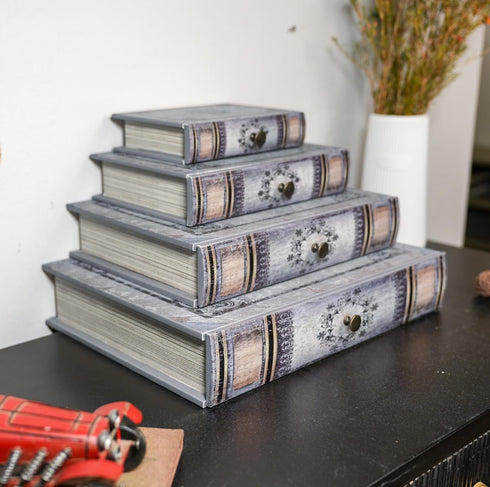 9.5 6.7 2 Vintage Book Storage Box with Drawer, Distressed Gray Faux Leather Cover with Ornate Baroque Design, Hidden