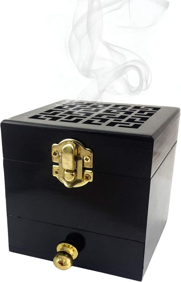 Nazareth Store Black Wood Incense Burner Holder, Natural Ash Wood Box Distiller for Aromatherapy
