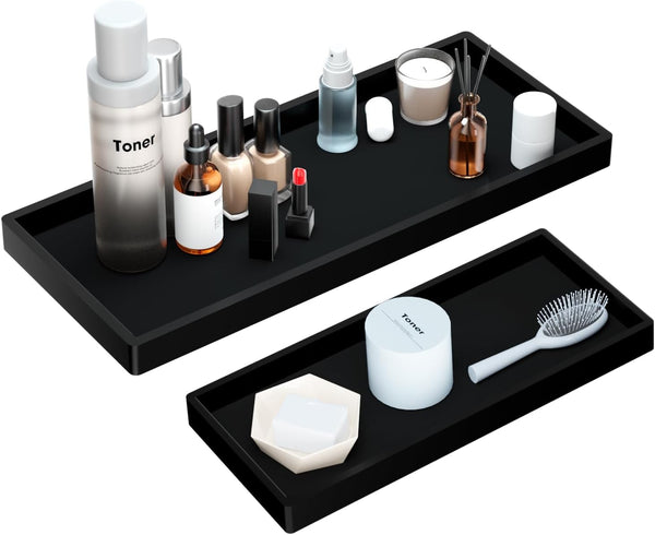 BBK Bathroom Vanity Tray, 2 Pack Silicone Bathroom Tray for Counter, Perfume Key Trinket Ring Tray, Black