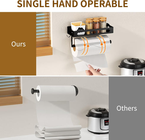 Wall Mount Paper Towel Holder for Kitchen - Self Adhesive Design with Shelf and 2 Hooks for Bathroom, RV