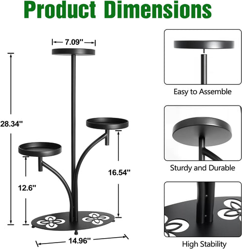 3 Indoor Tier Black Plant Stand, Tall Metal Plant Stand, Heavy-duty Base in the Shape of a Four-leaf Clover, Layered