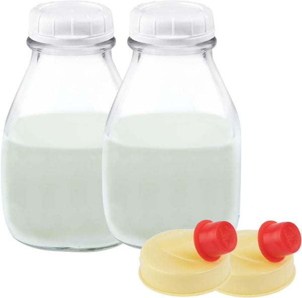 kitchentoolz 16 Oz Glass Milk Bottle with Lid - 16 Ounce Short