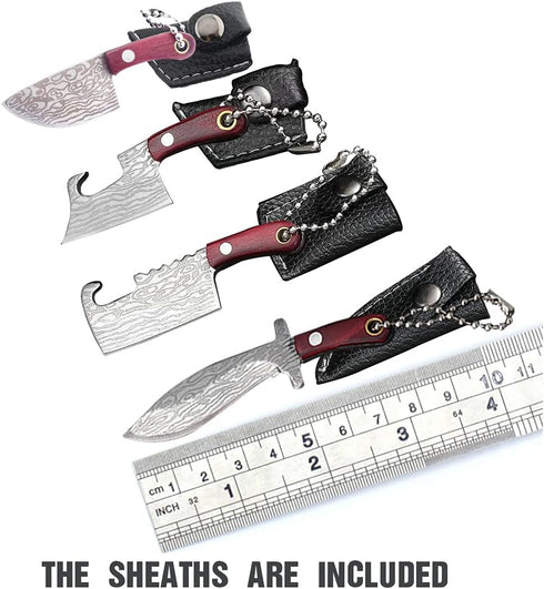 HAOXU Mini Pocket Knife Set, Damascus Tiny Knife for Beer Bottle Opener, Package Box Cutter, Necklace Knife - 4pcs