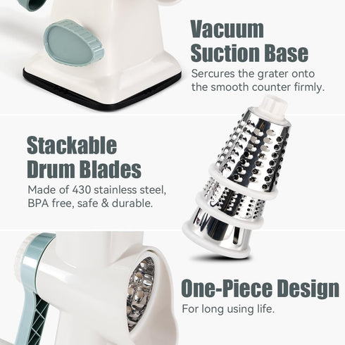 KEOUKE Rotary Cheese Grater with Handle, Vegetable Cheese Shredder Slicer for Kitchen, 3 Changeable Blades