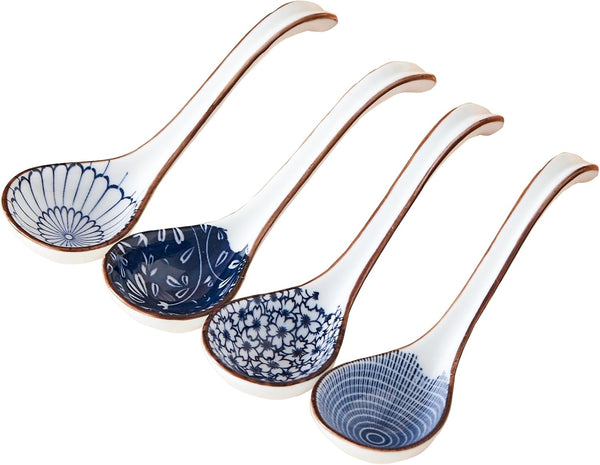 Ceramic Ramen Spoons Set of 4, 6.5 Inch Asian Soup Spoon, Japanese Spoons for Kitchen, Pho, Dumpling