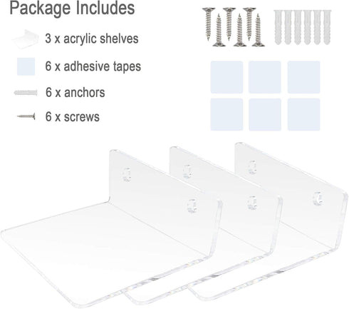 Bigfety Acrylic Small Floating Shelves for Wall, 3-Ledges Clear Mini Display Floating Shelf with Adhesive or Screw