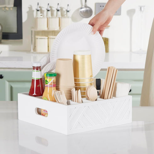 Utensil Holder for Party - Rustic Wood Silverware Caddy with 7 Compartments for Plates and Utensils