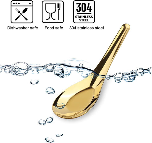 Stainless Steel Chinese Soup Spoons, Set of 6 Asian Soup Spoons for Ramen, Pho, Wonton, Dumpling (Gold)