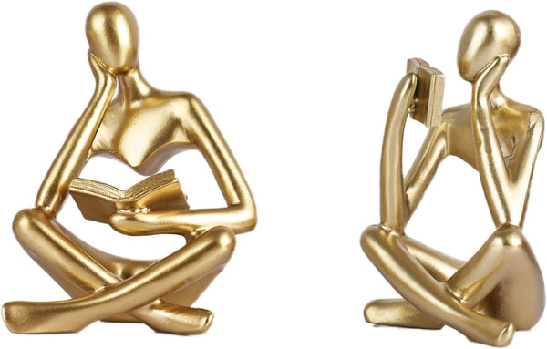 Gold Reading Women Statue, Thinker Sculptures, Abstract Art Ornament, Modern Aesthetic Figurine