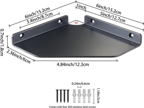 YUjieSTC 3mm 6 Inch Corner Shelf Wall Mounted, Black Corner Shelf, Shower Shelf, Floating Corner Shelf Aluminum Matte