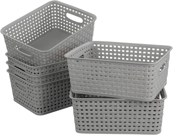 6-Pack Plastic Storage Organizer Basket, Slightly Gray, 10.04"L x 7.48"W x 3.95"H