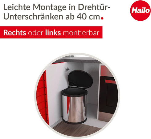 Hailo Compact-Box M Trash Can - 4 Gallon, Lid-Lift, Small Kitchen Bin, Stainless Steel
