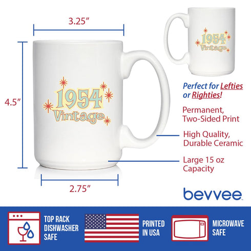Vintage 1954 Fun 70th Birthday Coffee Mug Gifts for Men & Women Turning 70, Retro Large 15oz White Ceramic Mug.