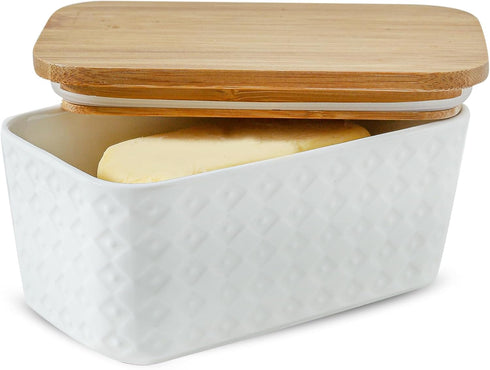 Large Ceramic Butter Dish with Lid, Airtight Cover for Countertop or Refrigerator, White Embossed Pattern