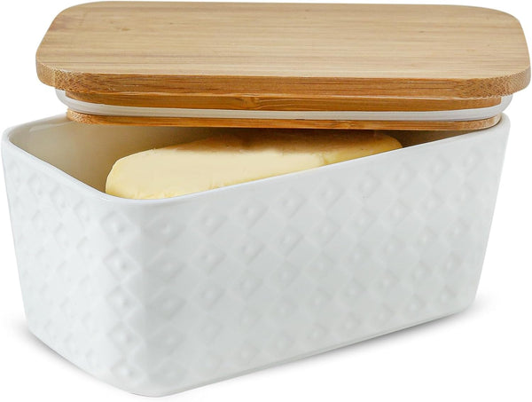 Large Ceramic Butter Dish with Lid, Airtight Cover for Countertop or Refrigerator, White Embossed Pattern