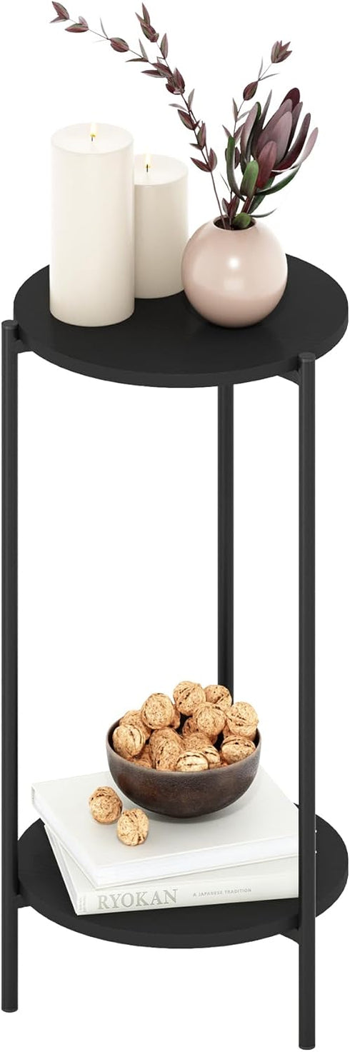 2-Tier 11.57 8.16 4.36 inches, Furinno Besi Modern Tall Round Side End Table with Sturdy Metal Legs, (W) x (H) x (D)