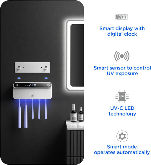 3M 5 Bloom Toothbrush Sanitizer and Holder for Bathroom Walls, Strong Adhesive, Time Display, Long-Lasting Charge