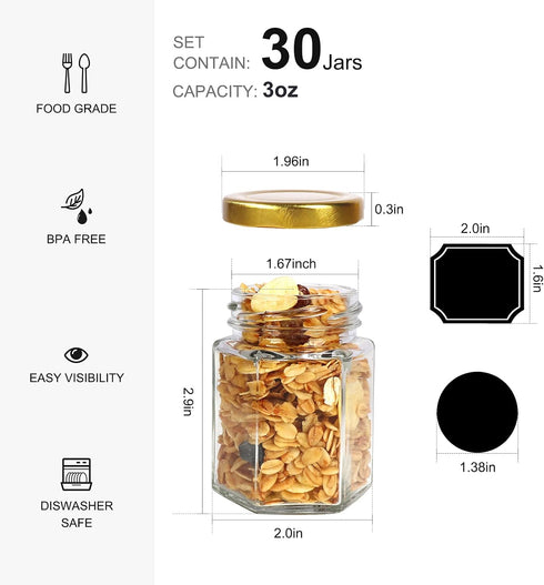 3 oz 30 Pack 80 1 BIGIVACA Mini Honey Jars - Hexagon Glass Jars with Gold Lids for Wedding Favors, Party Favors, Candle