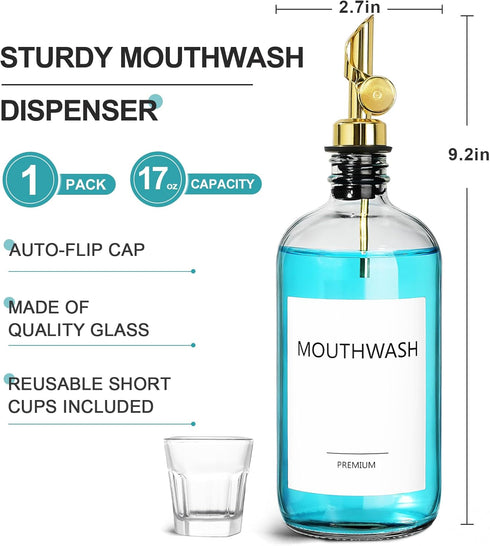 1 Pack, 17oz Mouthwash Dispenser for Bathroom, Glass Mouthwash Dispenser with Cup, Mouth Wash Container Bottle